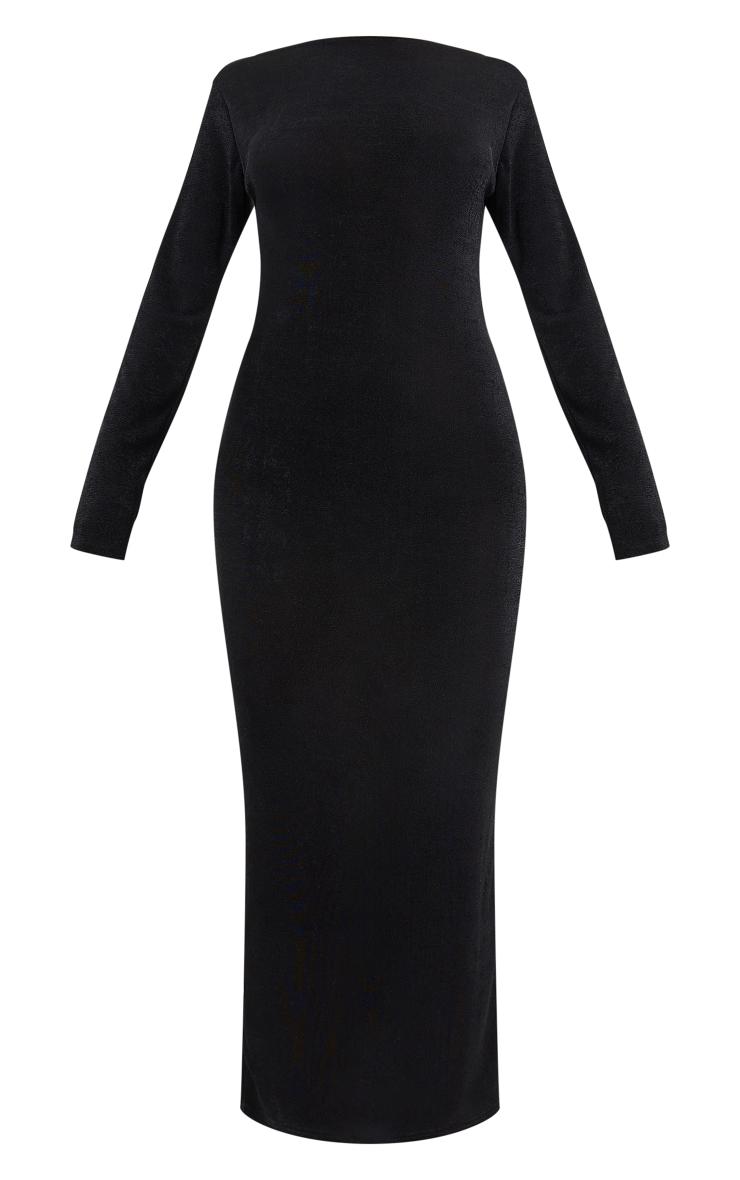 Black Acetate Slinky Long Sleeve Slash Neck Open Back Maxi Dress Product Image