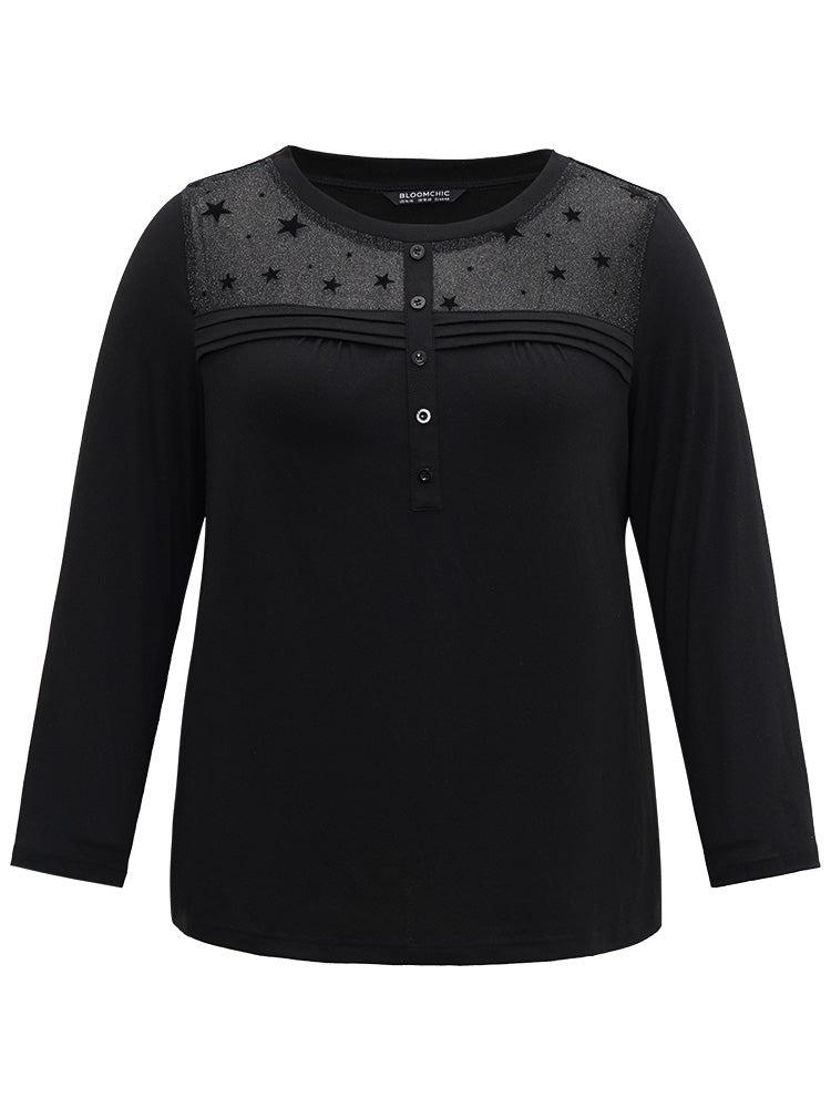 Star Mesh Patchwork Button Detail T-shirt Female Product Image