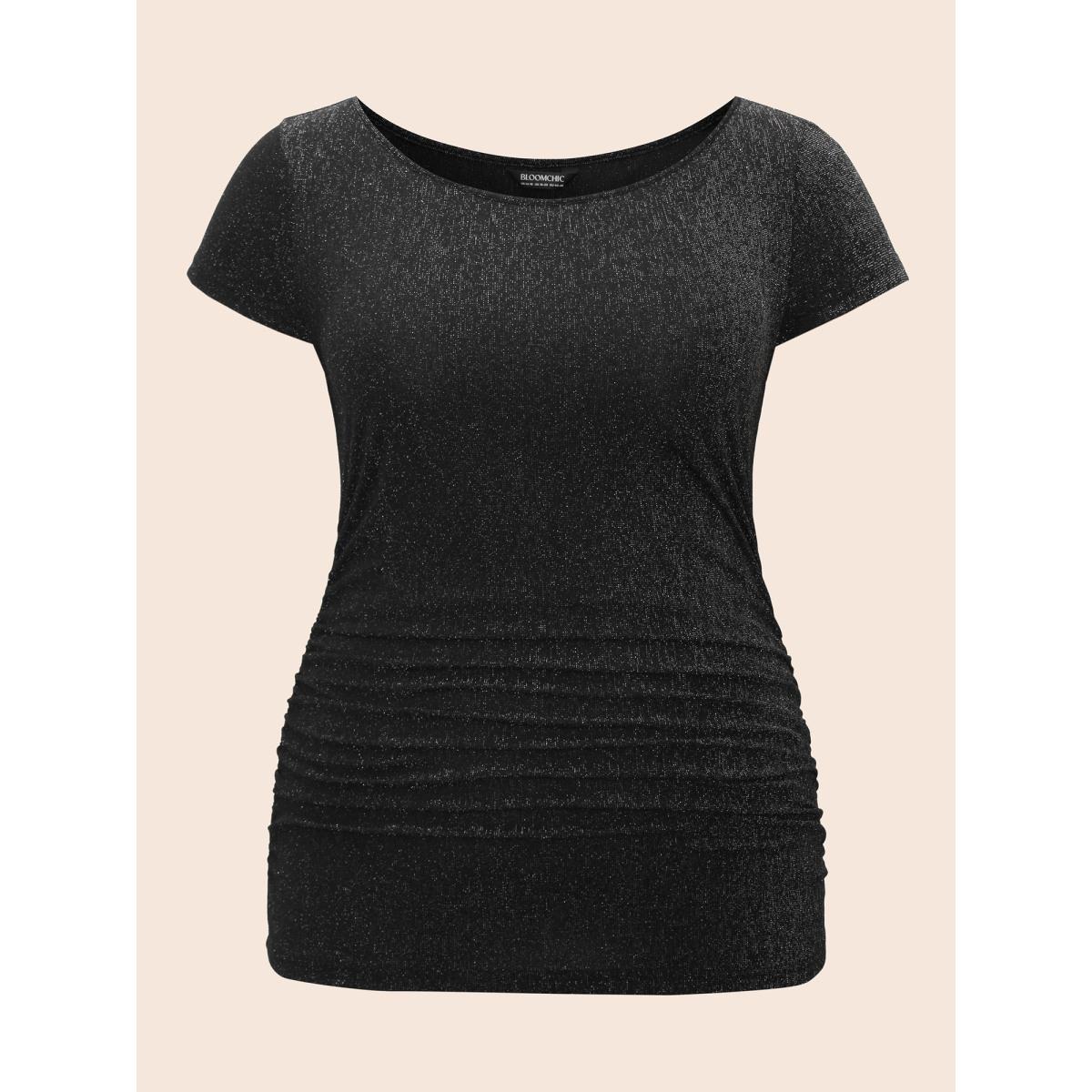 Plus Size Glitter Textured Boat Neck Slim-Fit T-Shirt Black Women Elegant Gathered Boat Neck Skinny Everyday T-shirts BloomChic 14-16/1X Product Image