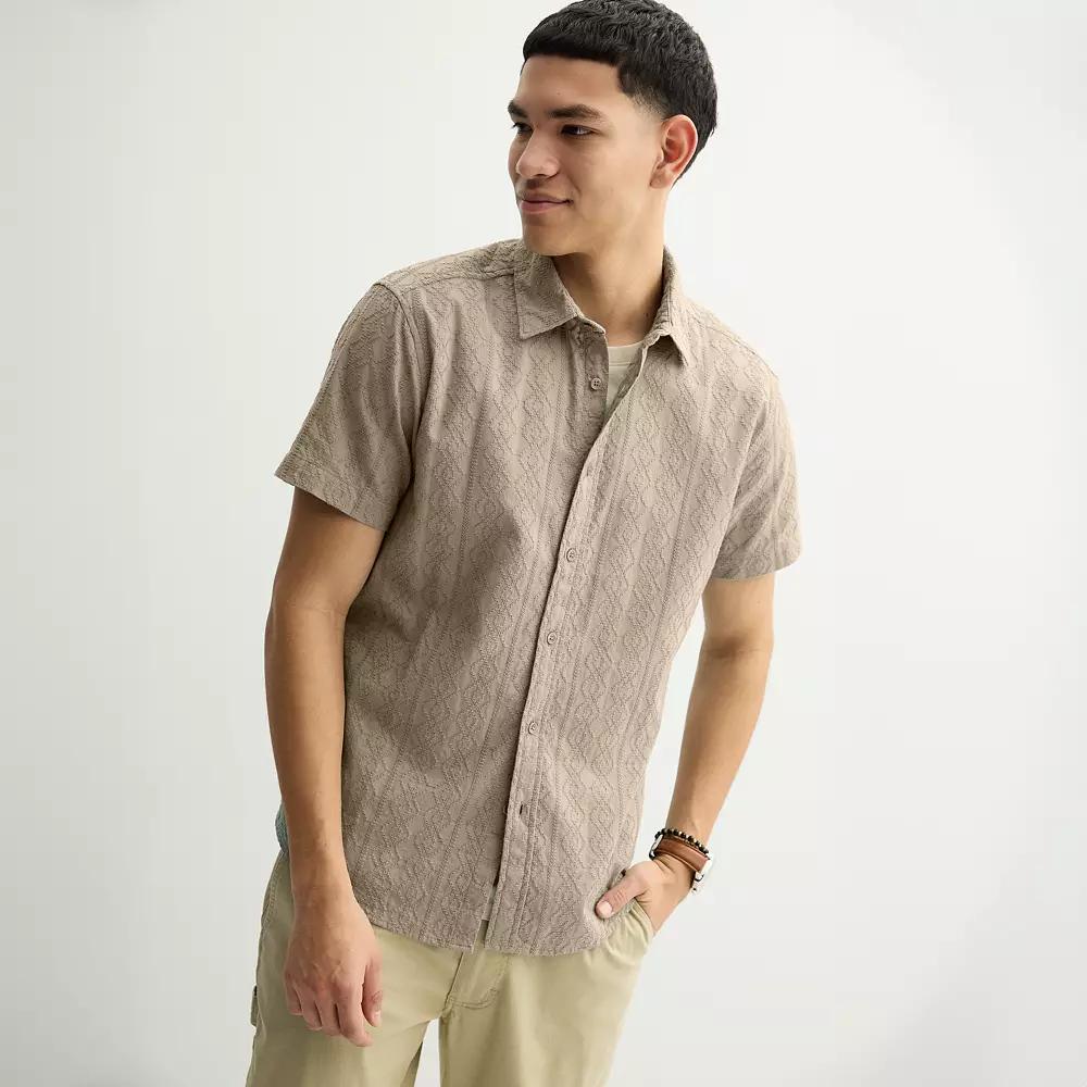 Men's Apt. 9® Short Sleeve Embroidered Button-Down Shirt, Size: XL, Beige Product Image