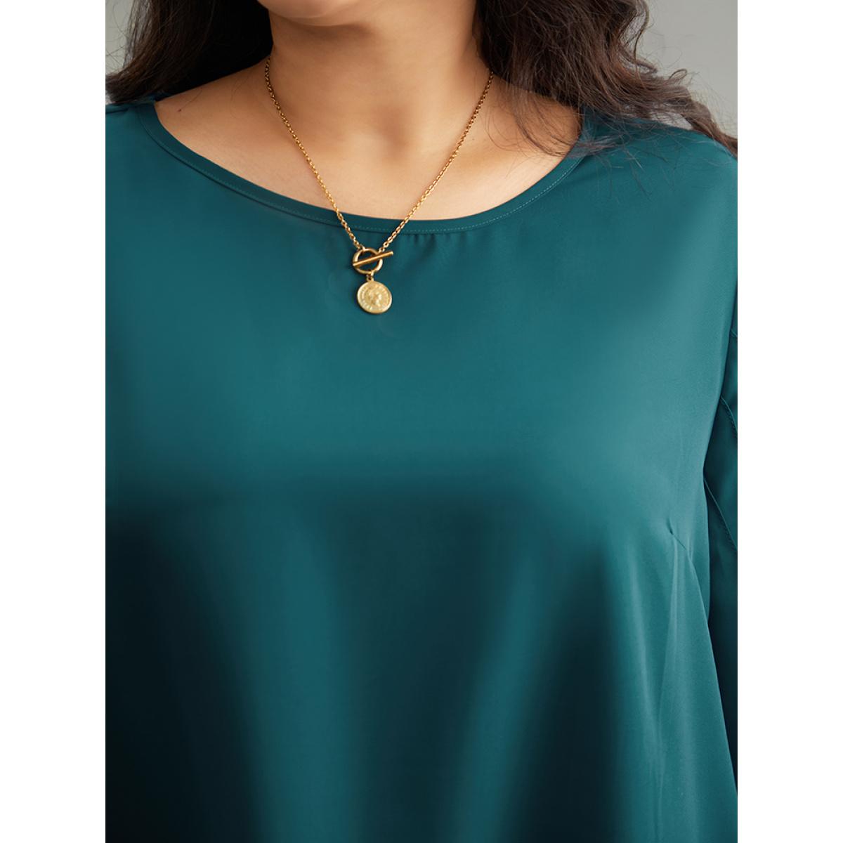 Plus Size Cyan Anti-Wrinkle Pleated Detail Flounce Sleeve Blouse Women Office Half Sleeve Round Neck Work Blouses BloomChic 28/5X Product Image