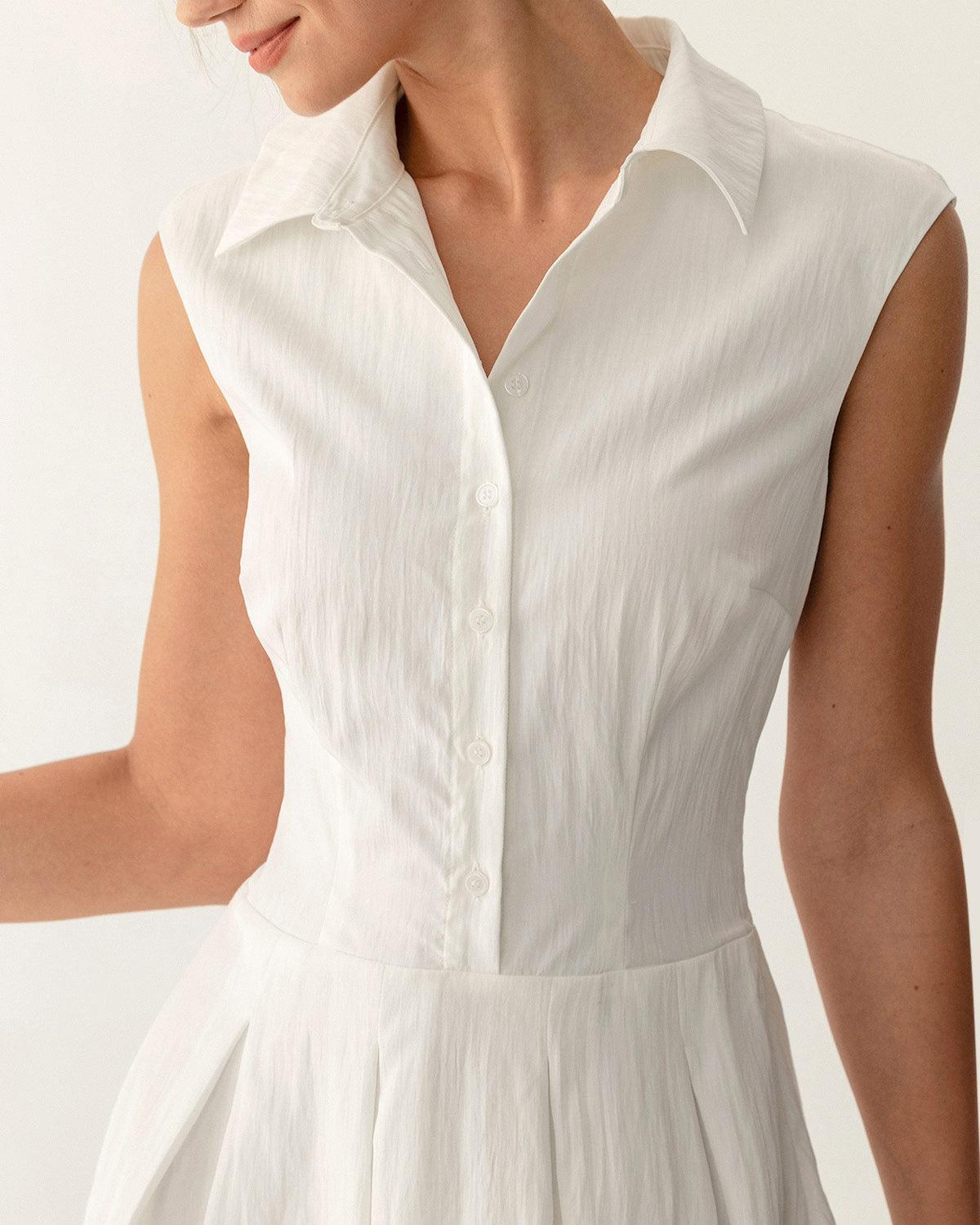 White Button A-Line Sleeveless Mini Dress Product Image