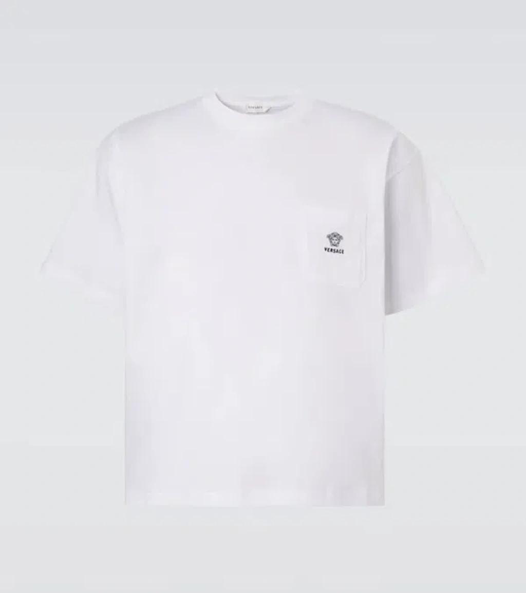 VERSACE Embroidered Cotton-jersey T-shirt In White Product Image