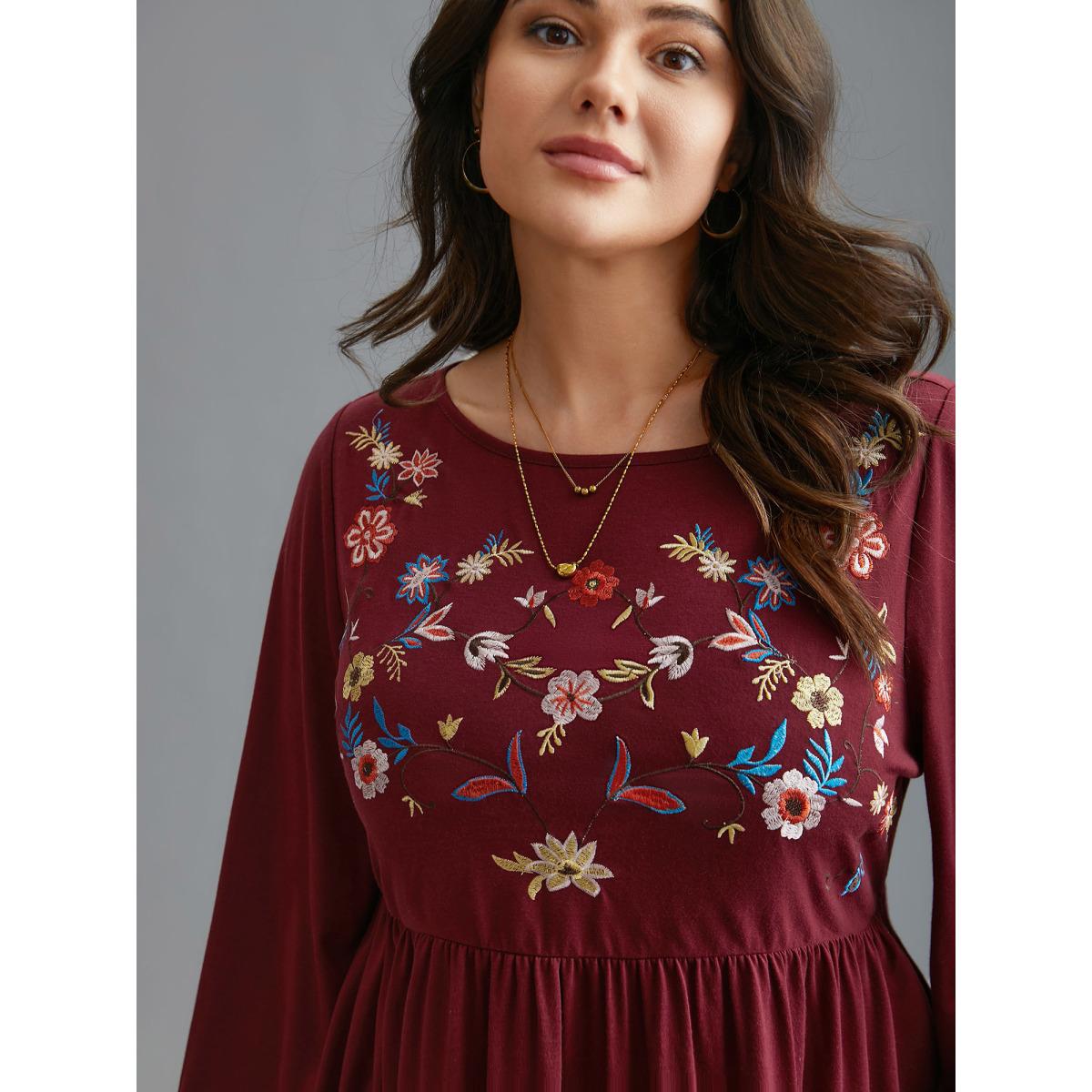 Plus Size Floral Embroidery Gathered Lantern Sleeve T-shirt Scarlet Women Elegant Gathered Natural Flowers Boat Neck Everyday T-shirts BloomChic 10/M Product Image