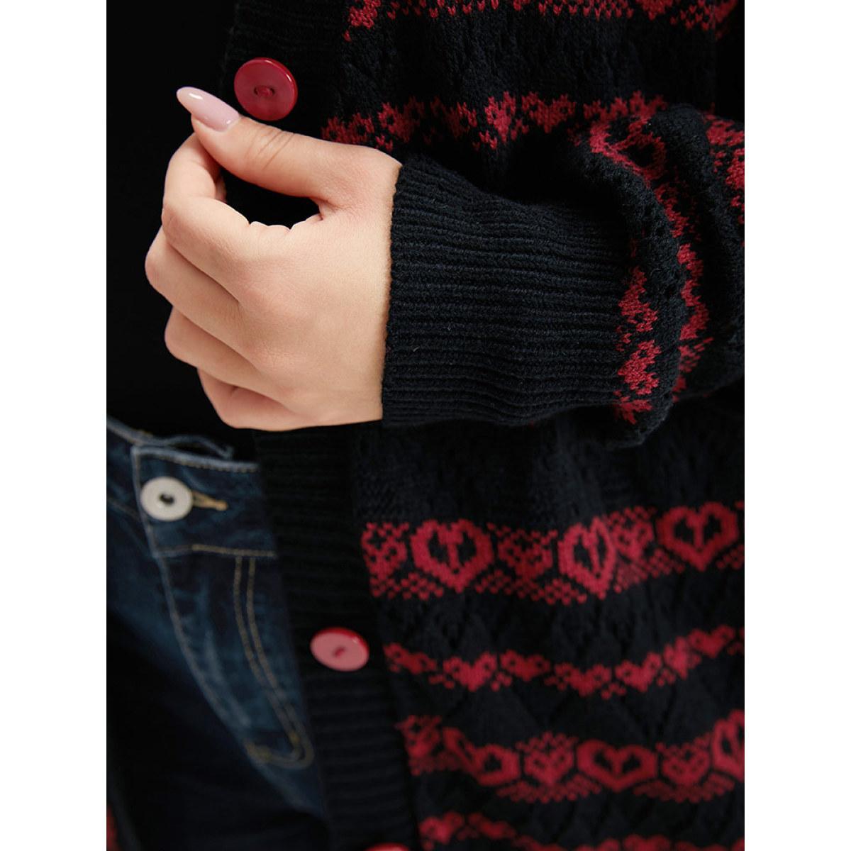 Plus Size Heart Graphic Button Through Eyelet Cardigan Scarlet Women Casual Loose Long Sleeve Dailywear Cardigans BloomChic 22-24/3X Product Image