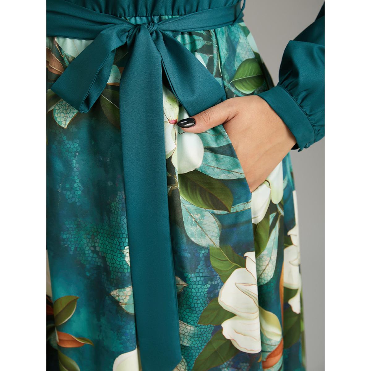 Plus Size Floral Print Patchwork Bleted Pocket Dress Cerulean Women Glamour Belted Notched collar Long Sleeve Curvy Midi Dress BloomChic 14-16/1X Product Image