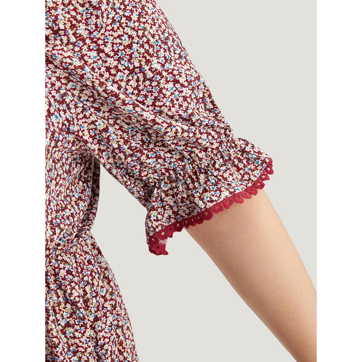 Plus Size Scarlet Ditsy Floral Ruched V Neck Lace Patchwork Blouse Women Elegant Half Sleeve V-neck Dailywear Blouses BloomChic 10/M Product Image