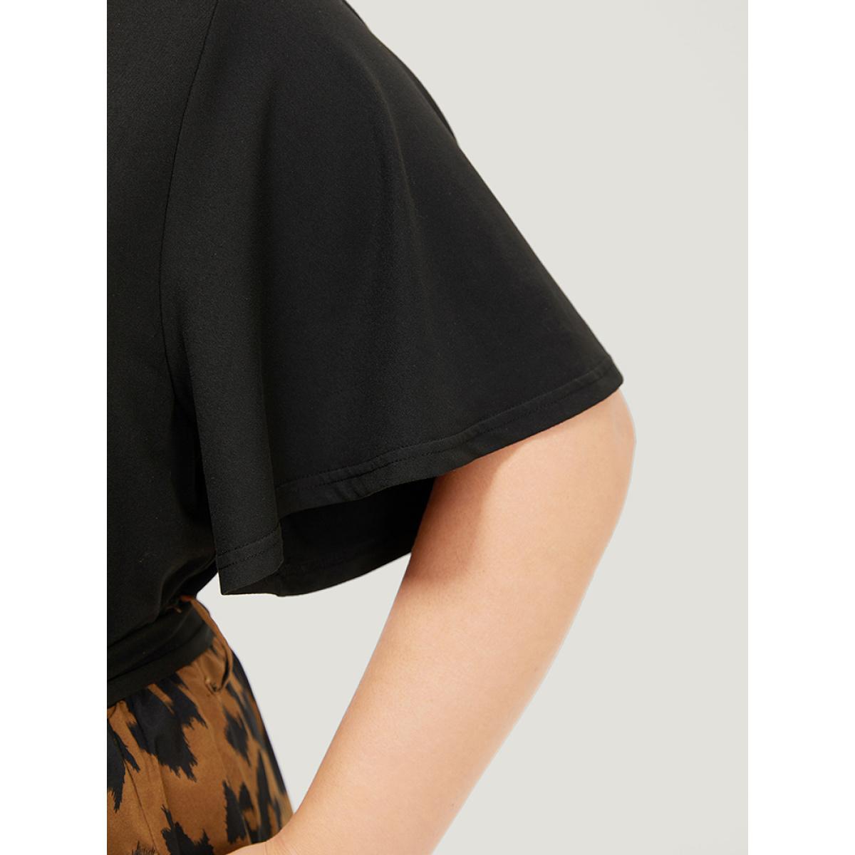 Plus Size Allover Print Contrast Belted Ruffle Sleeve Patchwork Dress Black Women Elegant Contrast V-neck Short sleeve Curvy Midi Dress BloomChic 10/M Product Image