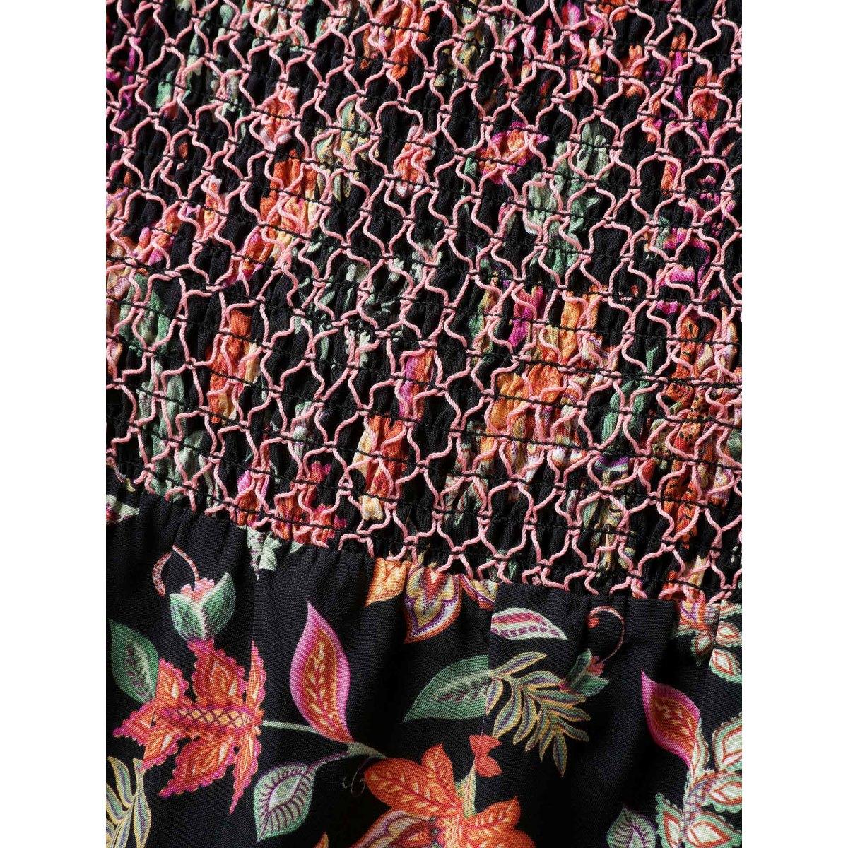 Plus Size Net Shirred Paisley Print Midi Dress Black Women Shirred Square Neck Short sleeve Curvy BloomChic 18-20/2X Product Image