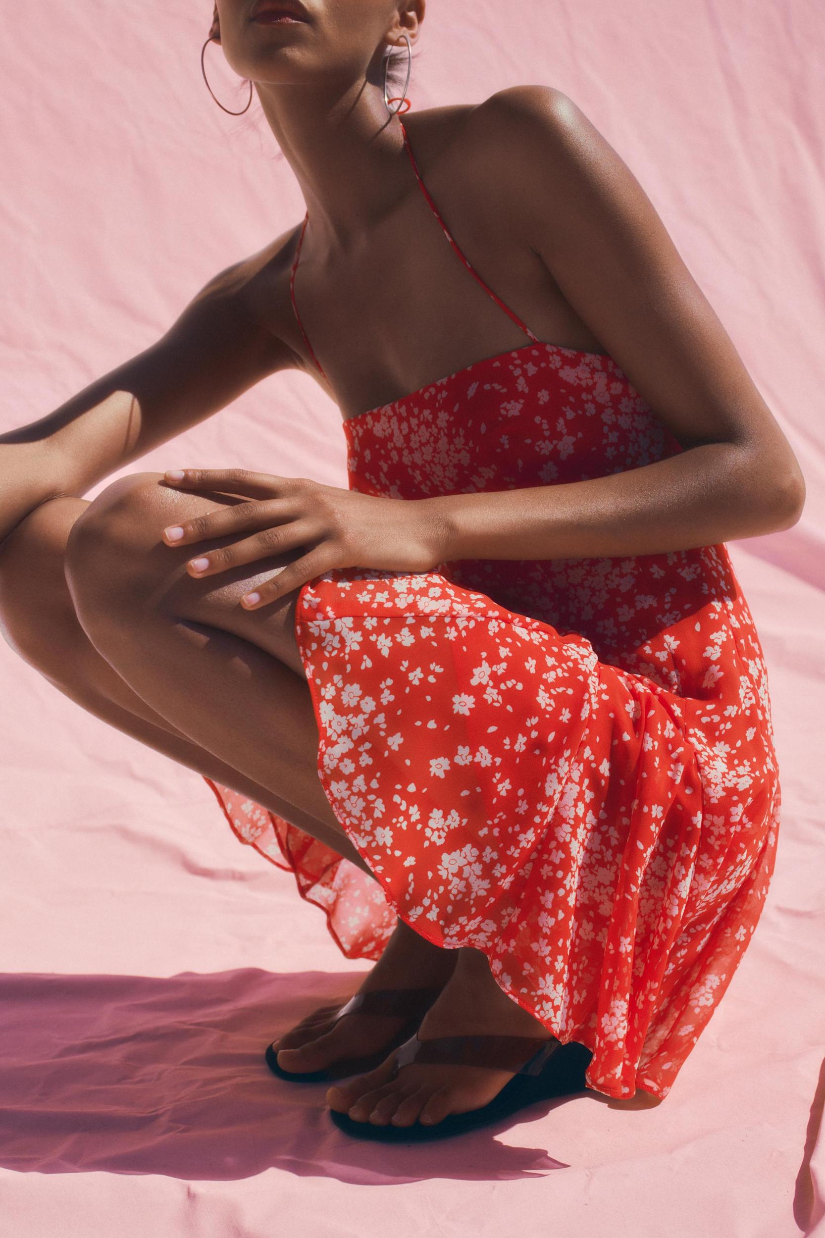 FLORAL GODET PRINT DRESS Product Image