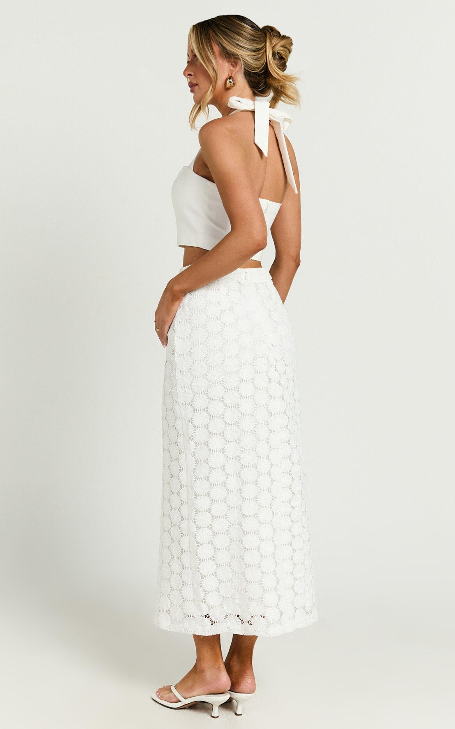 Wendy Midi Skirt - Broderie Lace High Waist Skirt in White Product Image