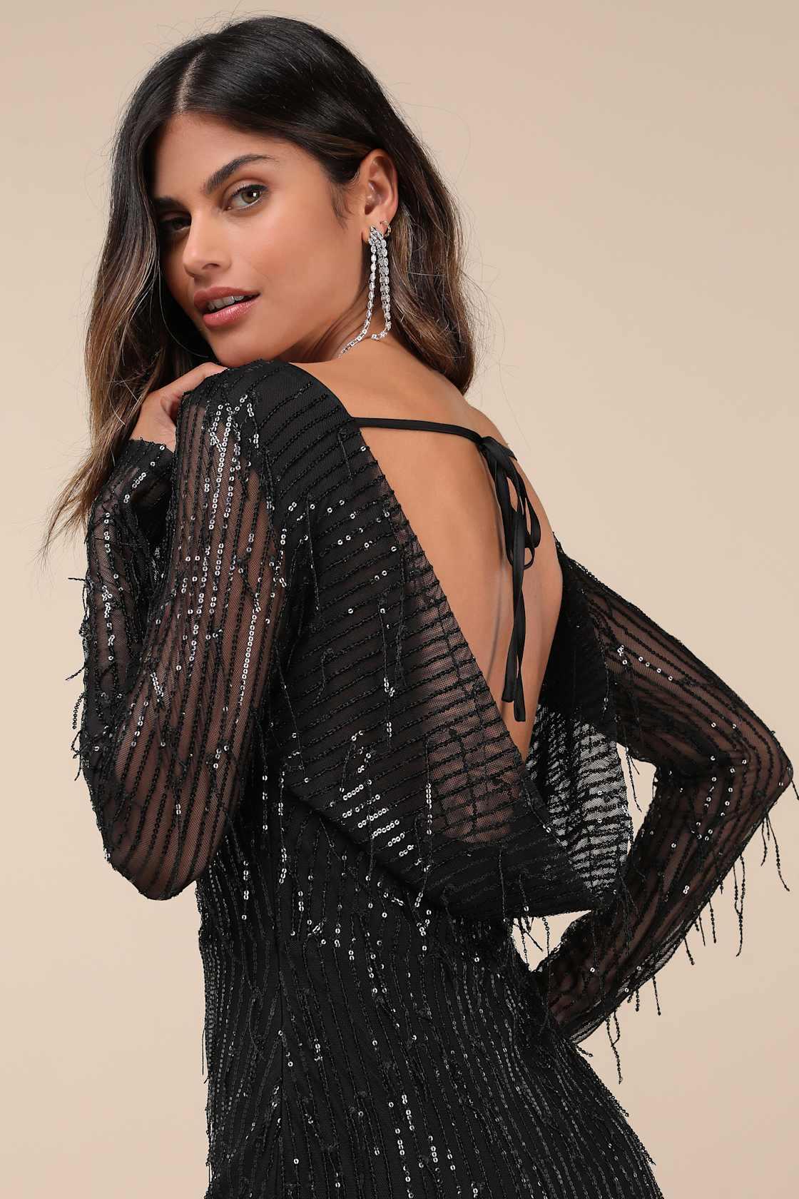 Glittery Devotion Black Sequin Fringe Maxi Dress Product Image