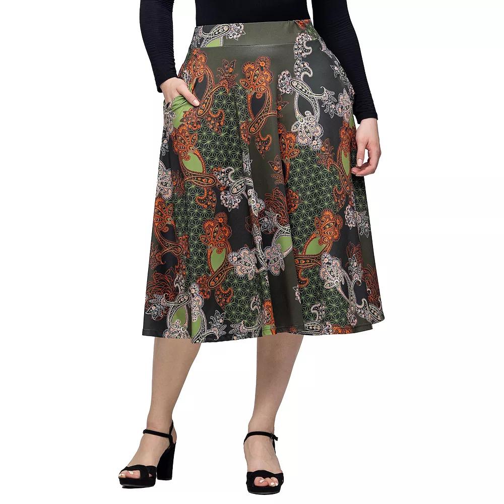 Women's 24Seven Comfort Apparel Print Elastic Waist Pocket Midi Skirt,  Product Image