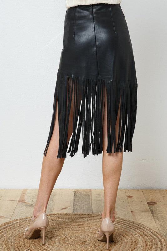 Edalyn Faux Leather Fringe Knee Length Skirt Product Image