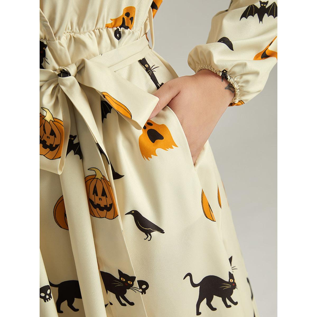 Plus Size Halloween Pumpkin & Bat Print Wrap Lantern Sleeve Dress Beige Women Office Elastic cuffs Overlap Collar Long Sleeve Curvy Midi Dress BloomChic 18-20/2X Product Image