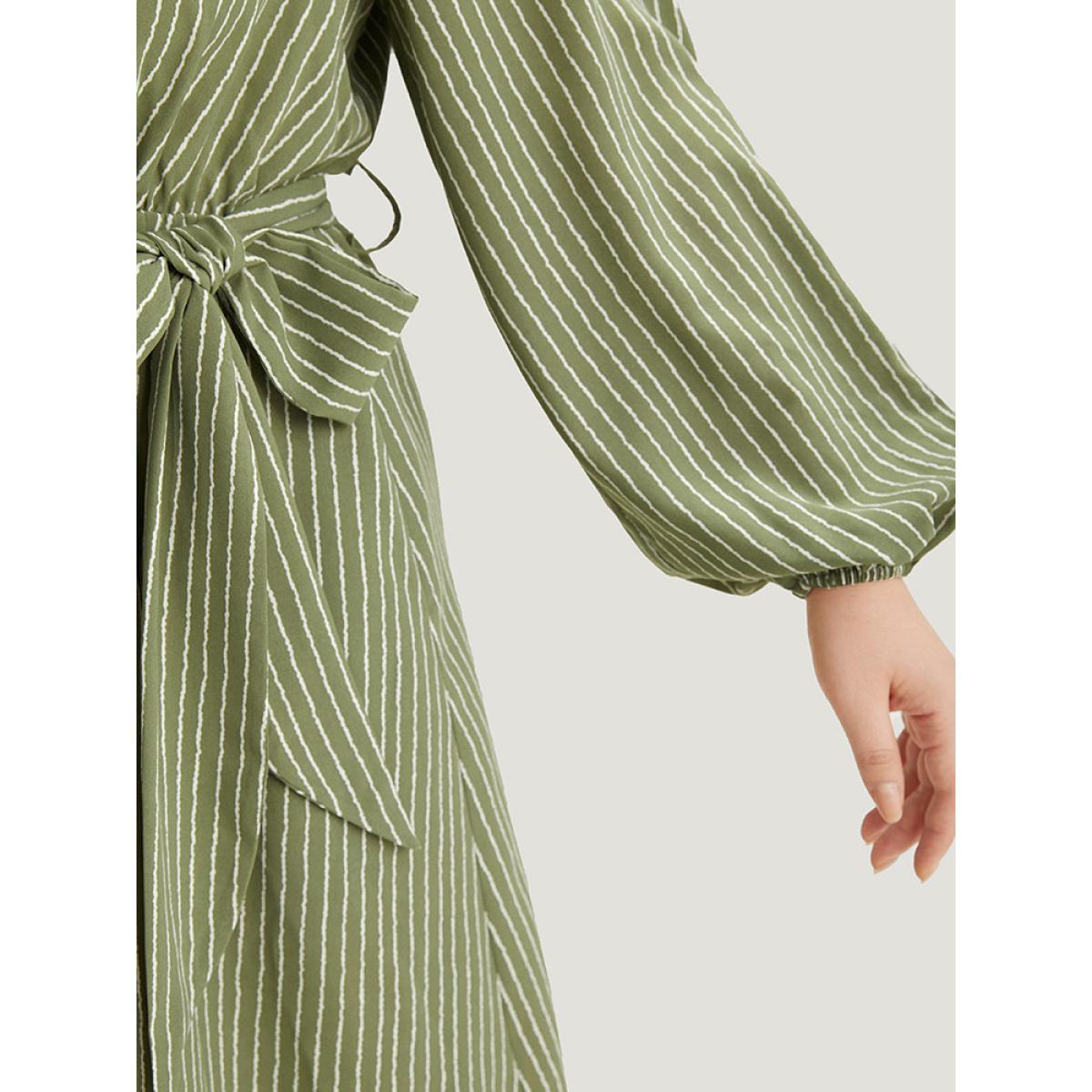 Plus Size Striped Notched Belted Lantern Sleeve Dress Sage Women Work From Home Elastic cuffs Notched collar Long Sleeve Curvy Midi Dress BloomChic 14-16/1X Product Image