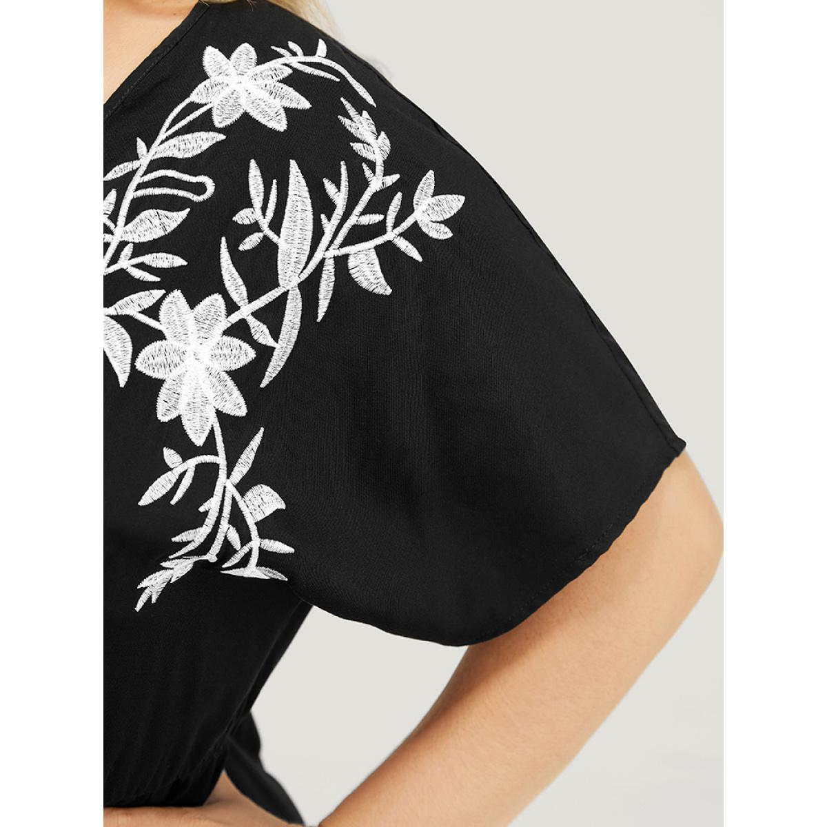 Plus Size Floral Embroidered Pocket Dolman Sleeve Ruffle Dress Black Women Vacation Embroidered V-neck Short sleeve Curvy Knee Dress BloomChic 22-24/3X Product Image