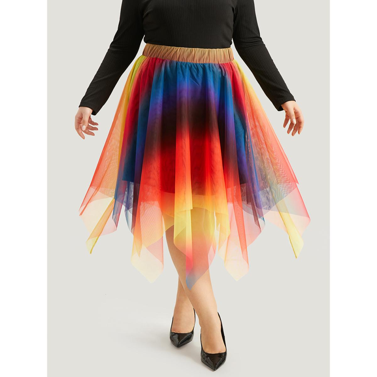 Plus Size Halloween Ombre Tiered Elastic Waist Hanky Hem Skirt Women Multicolor Glamour Contrast No stretch Festival-Halloween Skirts BloomChic 28/5X Product Image