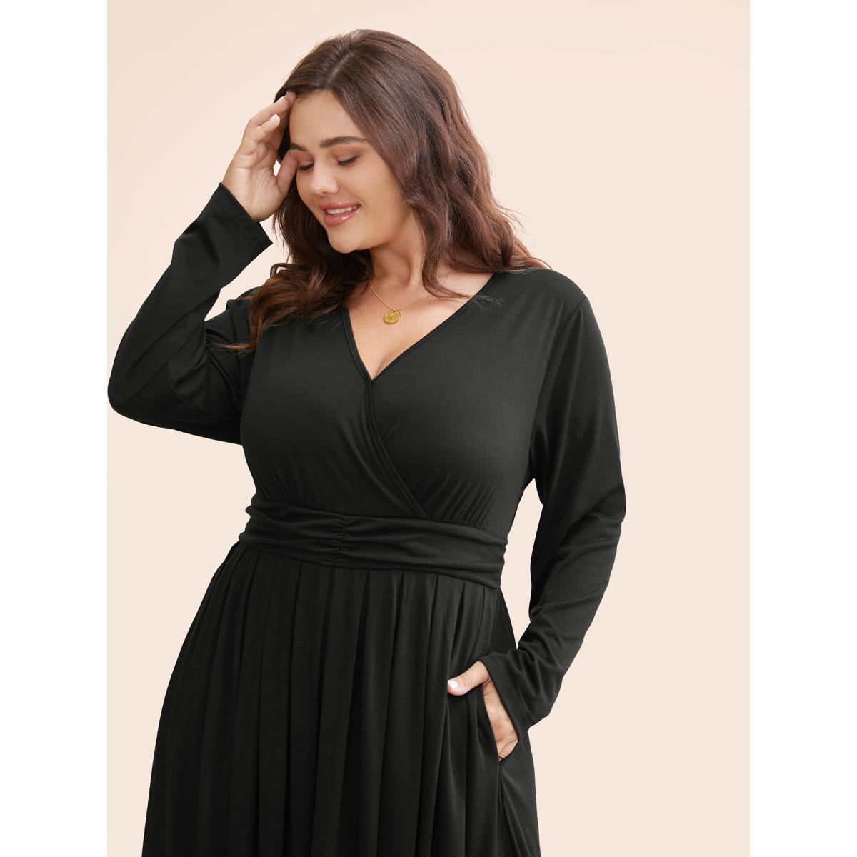 Plus Size Supersoft Essentials Ruched Wrap Pleated Hem Dress Black Women Casual Non Overlap Collar Long Sleeve Curvy Midi Dress BloomChic 22-24/3X Product Image