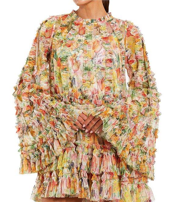 Mac Duggal Mesh Floral Print Mock Neck Long Sleeve Ruffle Shift Mini Dress Product Image