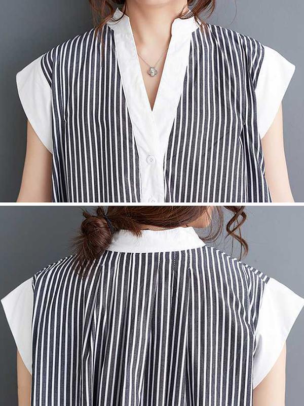 Cap Sleeve Loose Buttoned Striped Lapel Maxi Dresses Shirt Dress Product Image