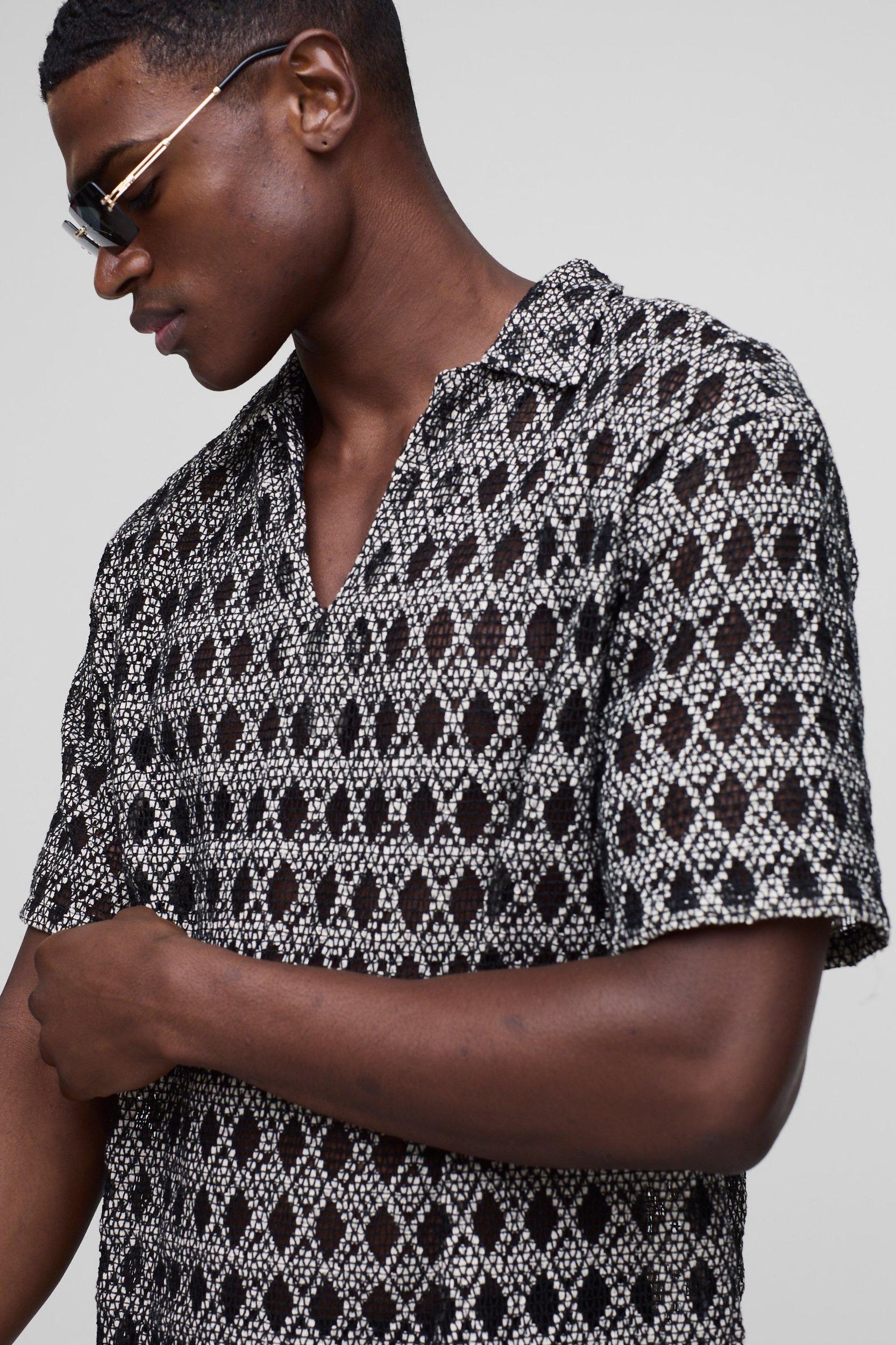 Oversized Overhead V-Neck Crochet Shirt | boohooMAN USA Product Image