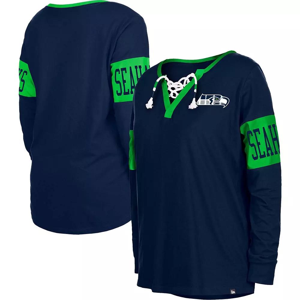 Women's New Era College Navy Seattle Seahawks Lace-Up Notch Neck Long Sleeve T-Shirt,  Product Image