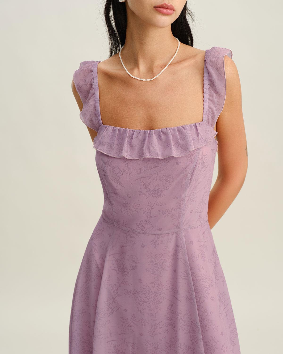 Purple Floral Square Neck Ruffle Slip Midi Dress Product Image
