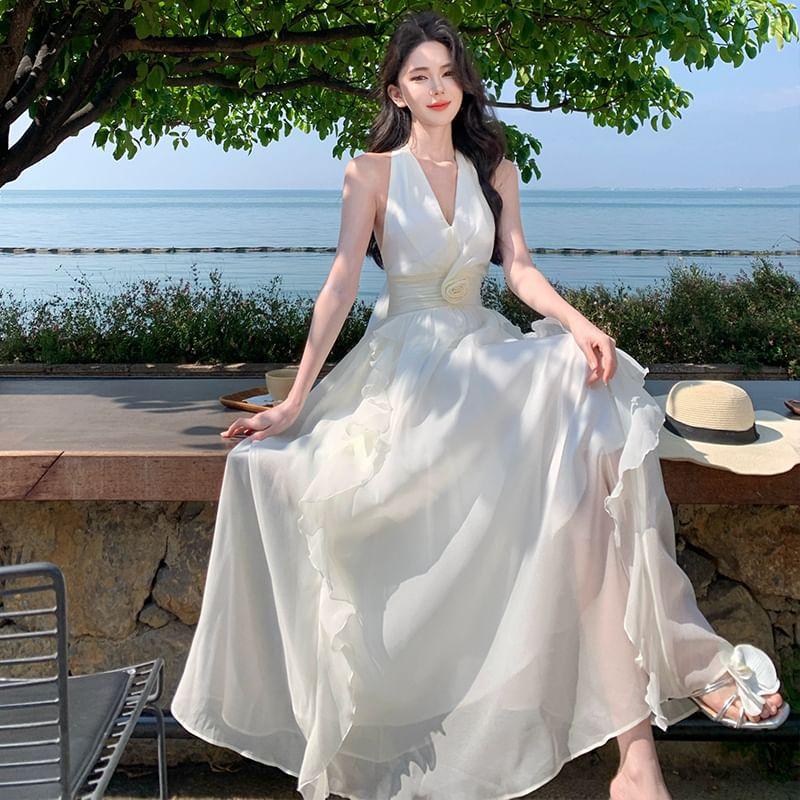 Halter-Neck Plain Ruffled Floral Midi A-Line Dress Product Image
