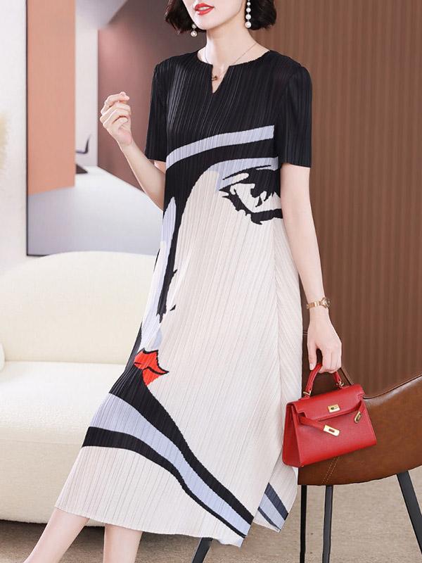 A-Line Loose Figure Pleated V-Neck Midi Dresses Product Image