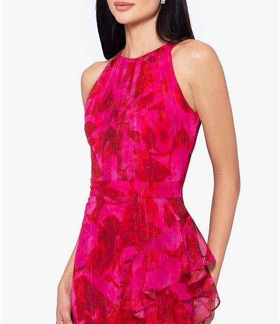Betsy & Adam Floral Print Halter Neck Sleeveless Cascading Ruffle Tie Back Dress Product Image