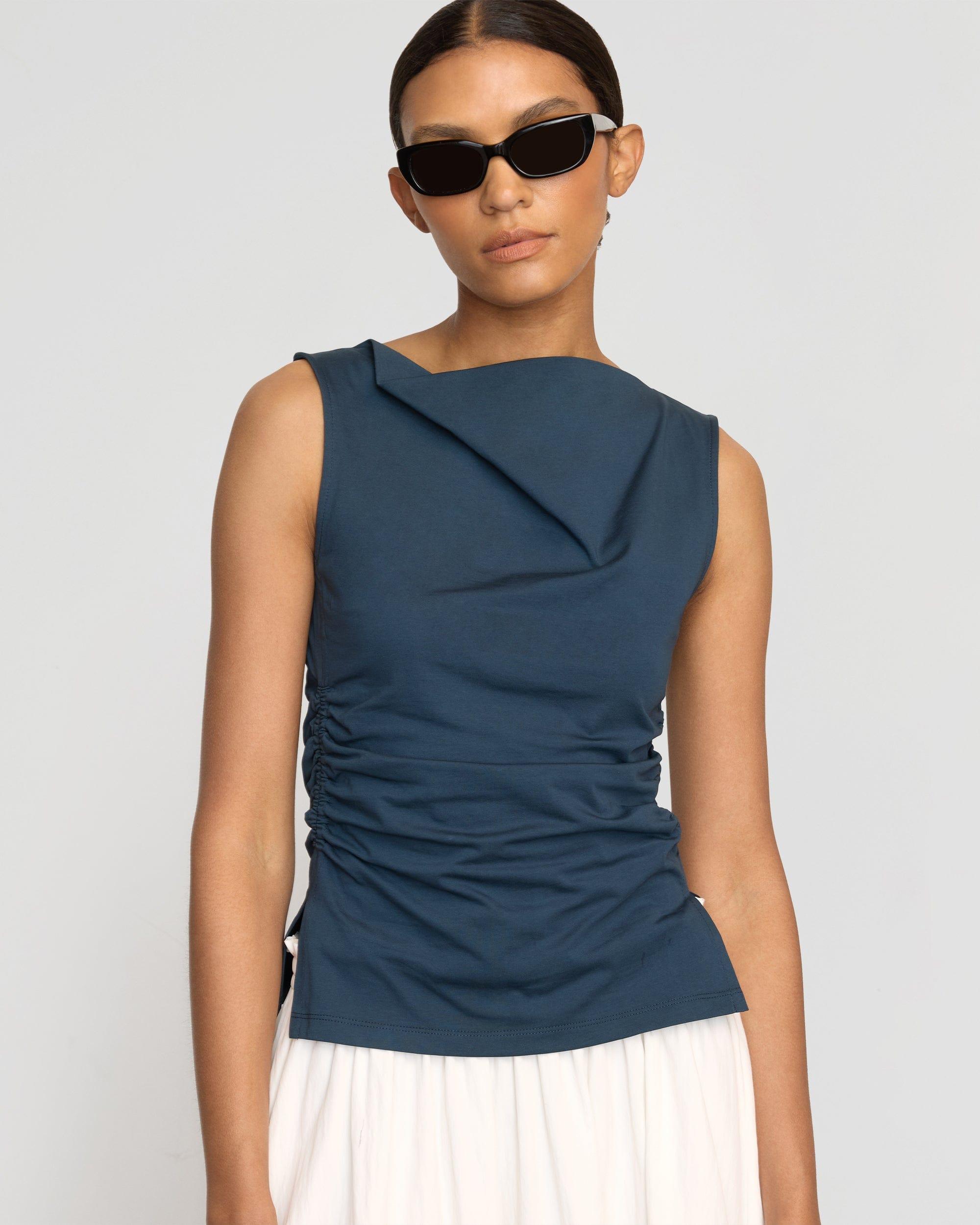 Josie Shirred-Side Cowl-Neck Tee Product Image