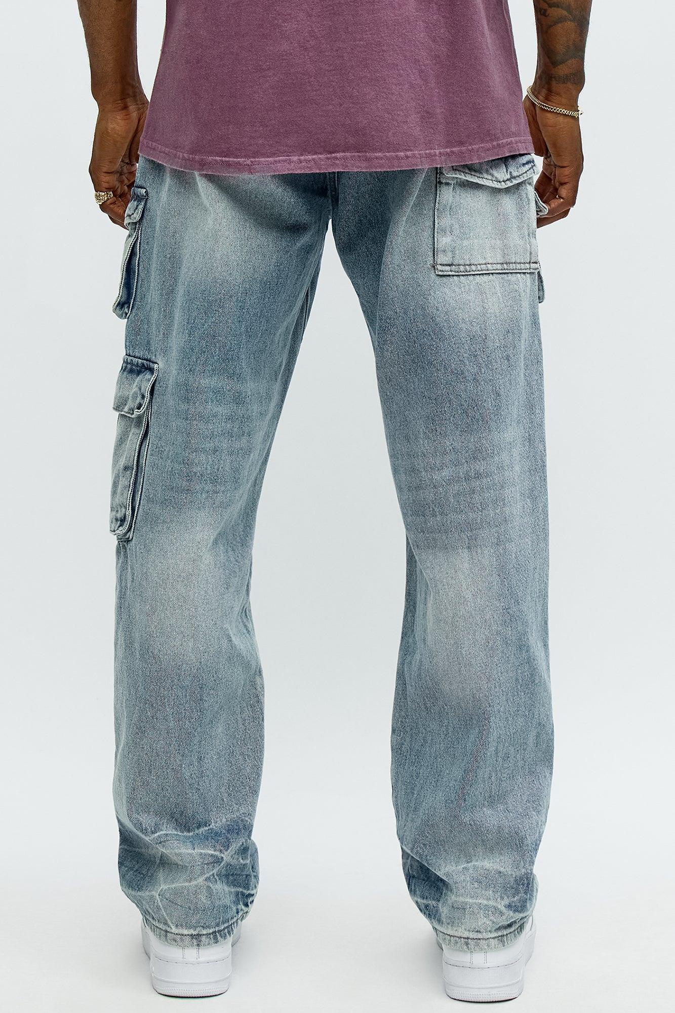 Straight Binded Cargo Jeans - Light Blue Wash Male Product Image