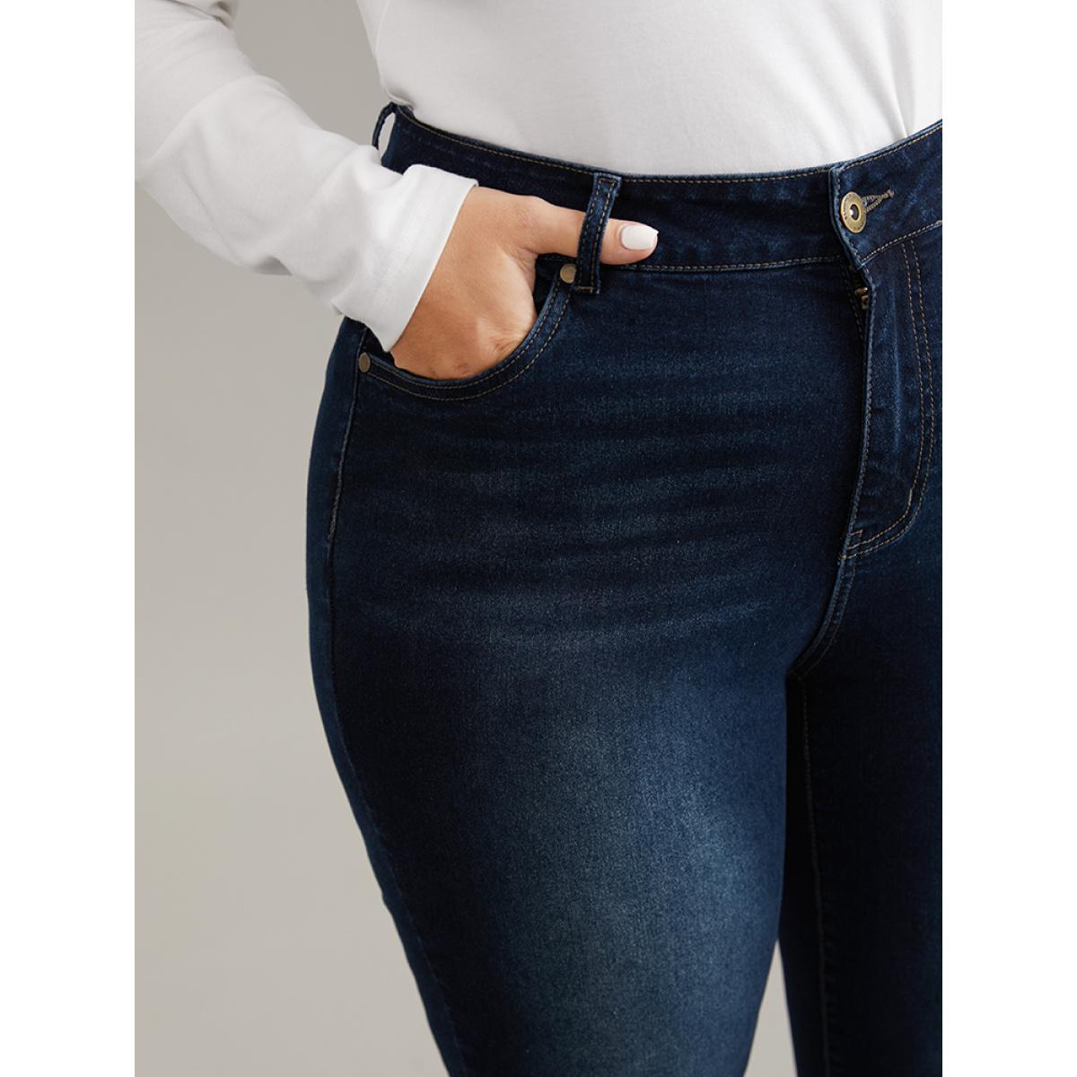 Plus Size Solid Roll Hem Very Stretchy Straight Leg Jeans Women Indigo Casual Plain Plain High stretch Pocket Jeans BloomChic 12/L Product Image