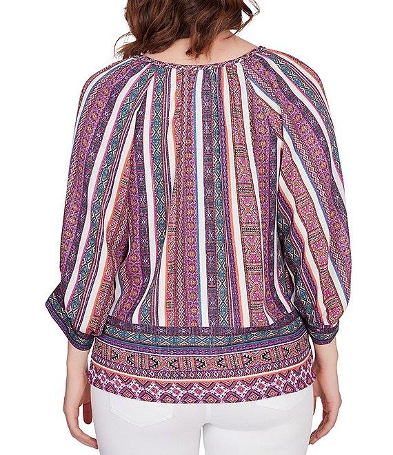 Ruby Rd. Southwest Stripe Border Print Metallic Detail Braid Trim V-Neck 3/4 Balloon Sleeve Top Product Image