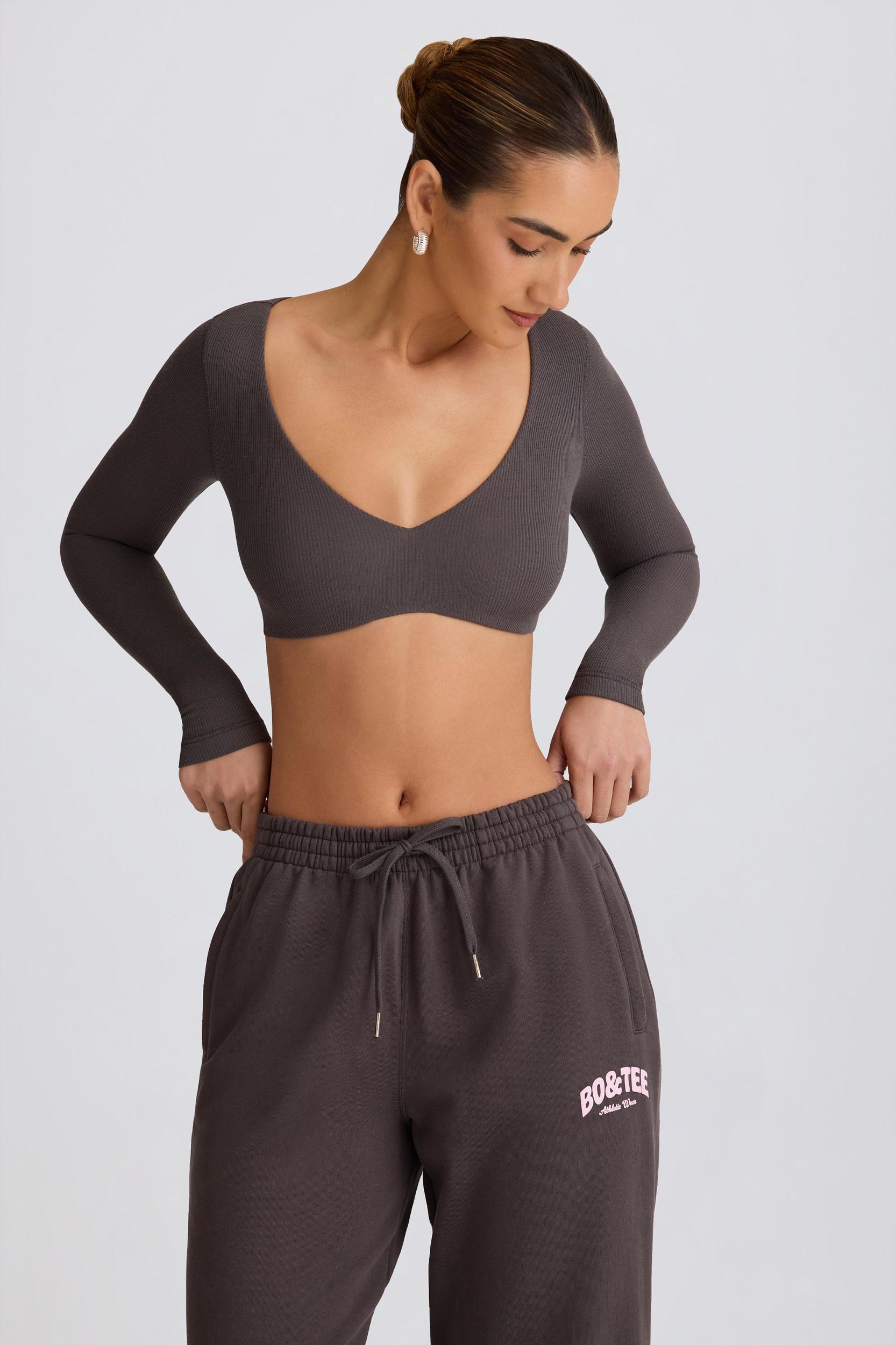 Ribbed Modal Long-Sleeve Crop Top in Charcoal Grey Product Image