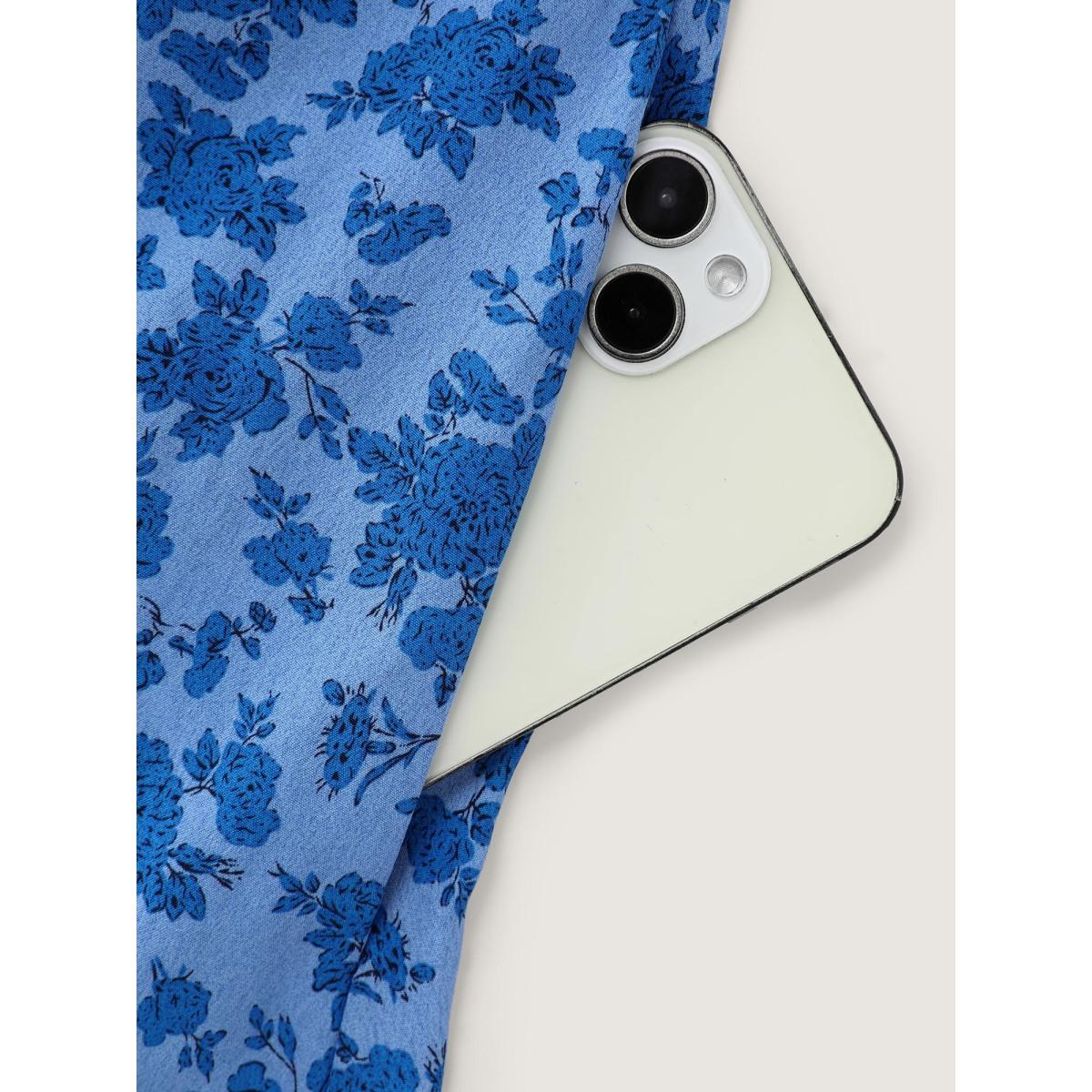 Plus Size Floral Pleated Waist Button Ruffled Midi Dress Skyblue Women Timeless Shirred Deep V-neck Long Sleeve Curvy BloomChic 28/5X Product Image