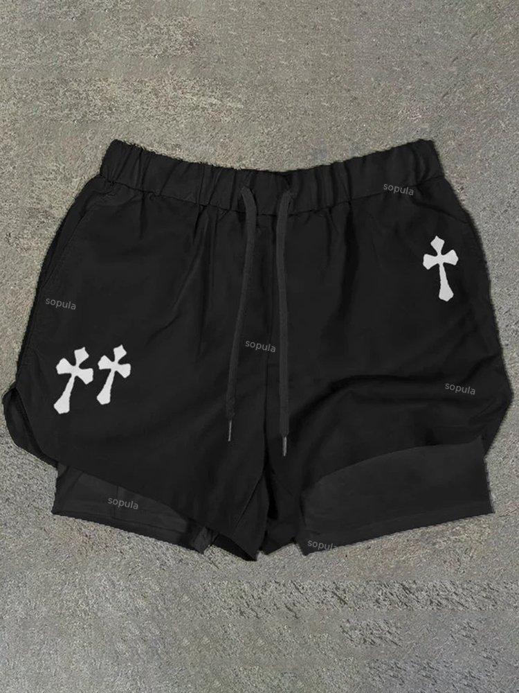 Sopula Cross-Print Graphic Double Layer Men's Gym Shorts Product Image