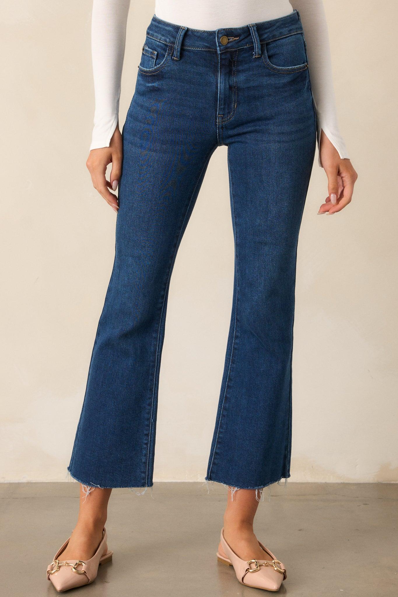 Nightfall Spark Dark Wash Cropped Raw Edge Flare Jeans Product Image