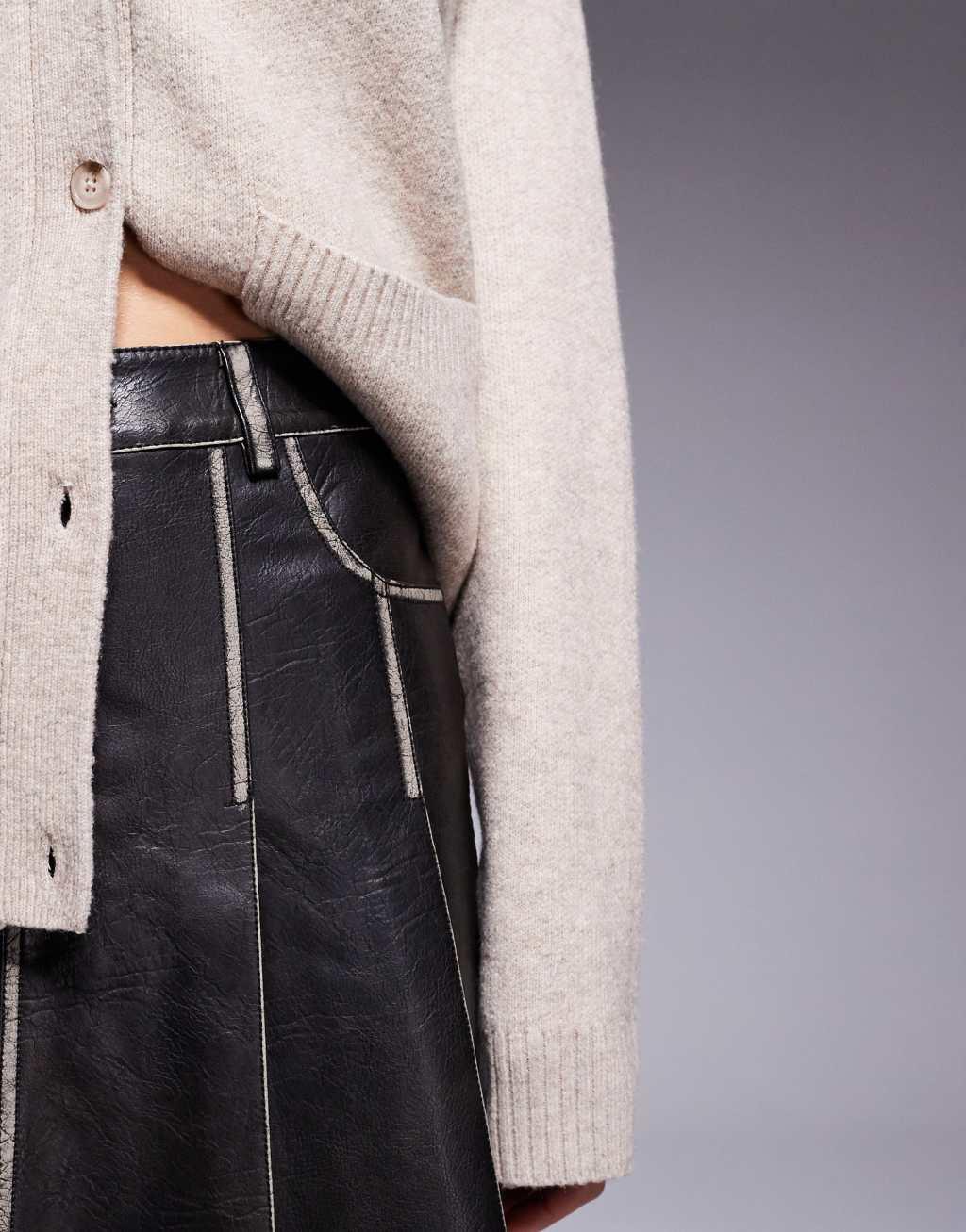 River Island faux leather pleated mini skirt in distressed black Product Image