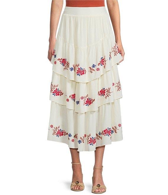 C&V Chelsea & Violet Embroidered Floral Detail Tiered Midi Skirt Product Image
