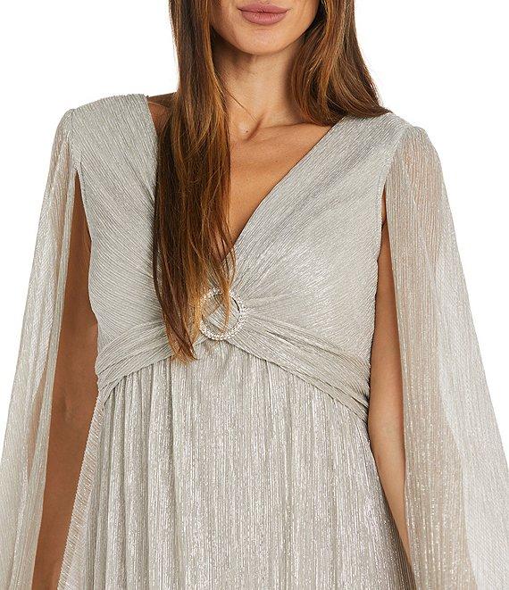 R & M Richards Crinkle Metallic Cape Sleeve Rhinestone Detail V-Neck Empire Waist Gown Product Image