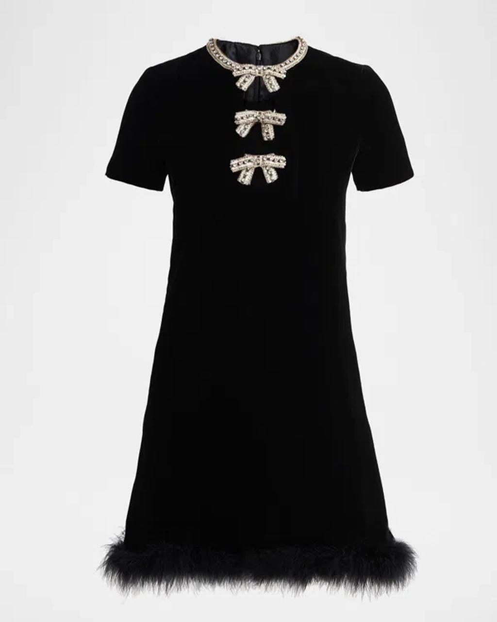 VALENTINO Crystal Bow Velvet Mini Dress With Feather Trim In Black Product Image