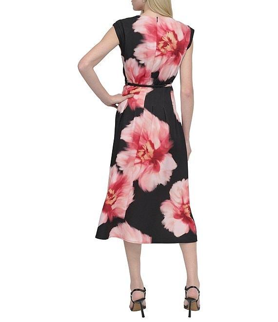 DKNY by Donna Karan Woven Floral Print Crew Neck Cap Sleeve Belted Fit and Flare Midi Dress Product Image