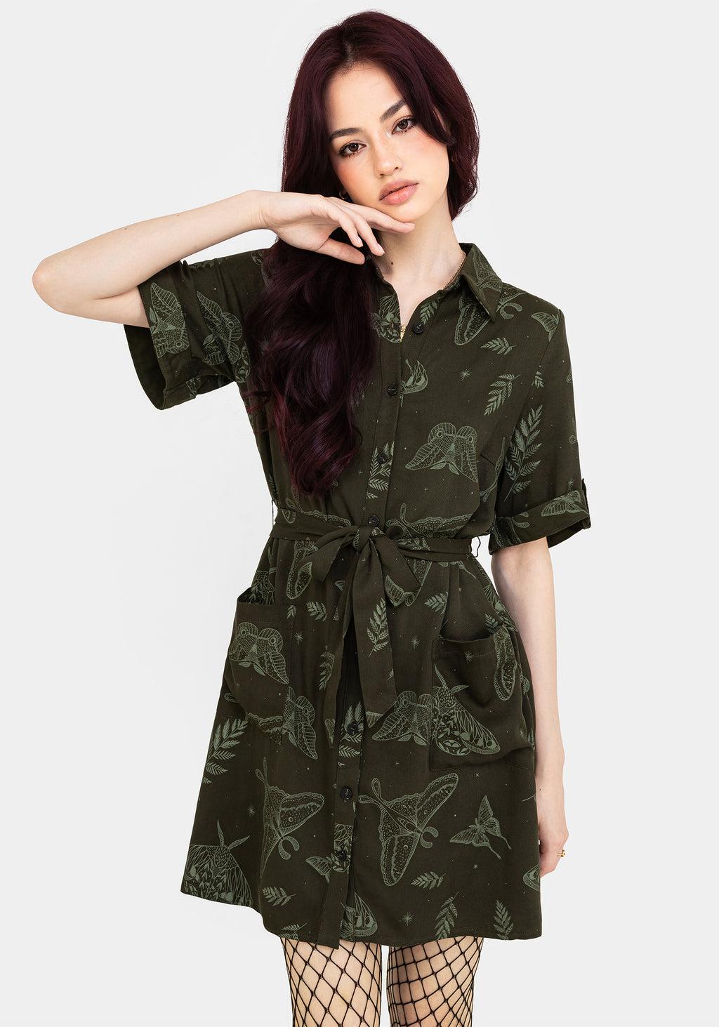 Callopistria Moth Print Mini Shirt Dress - Green Product Image