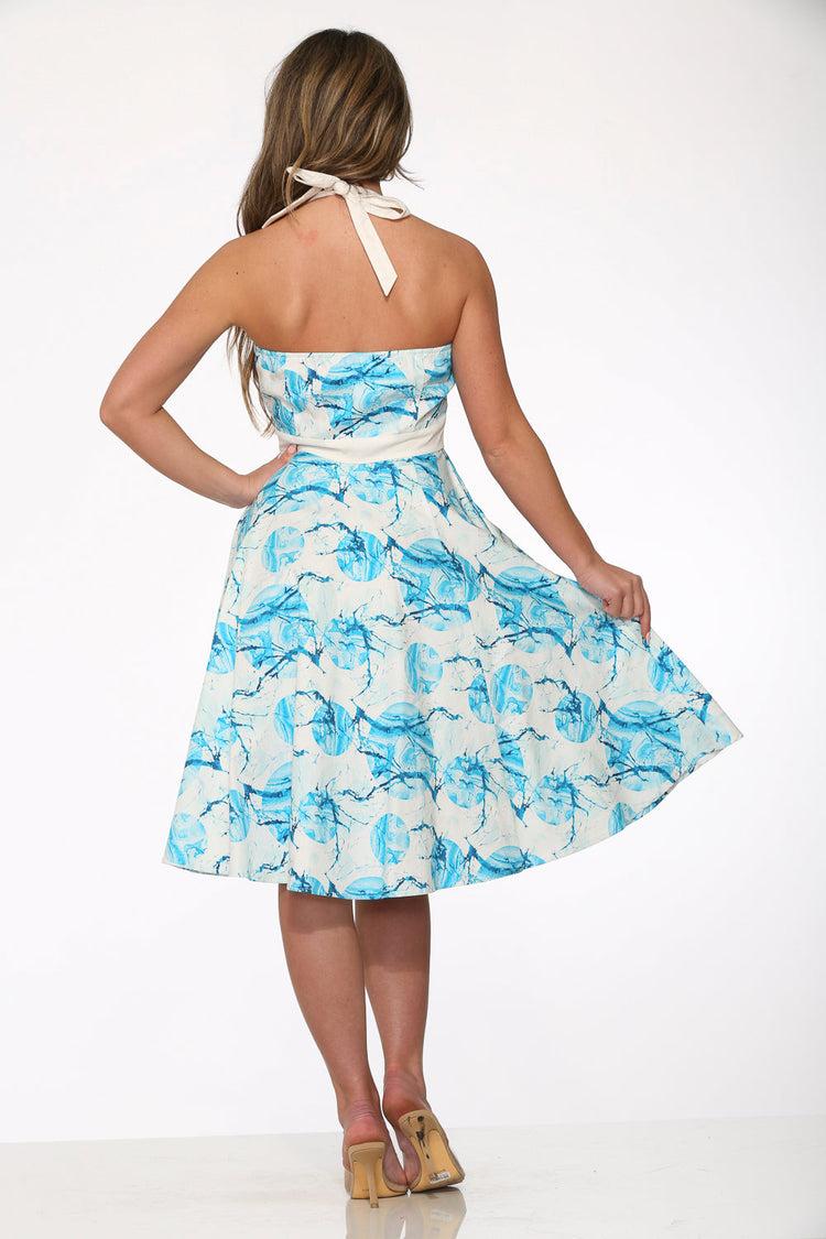 White & Blue Floral Halter Dress Product Image