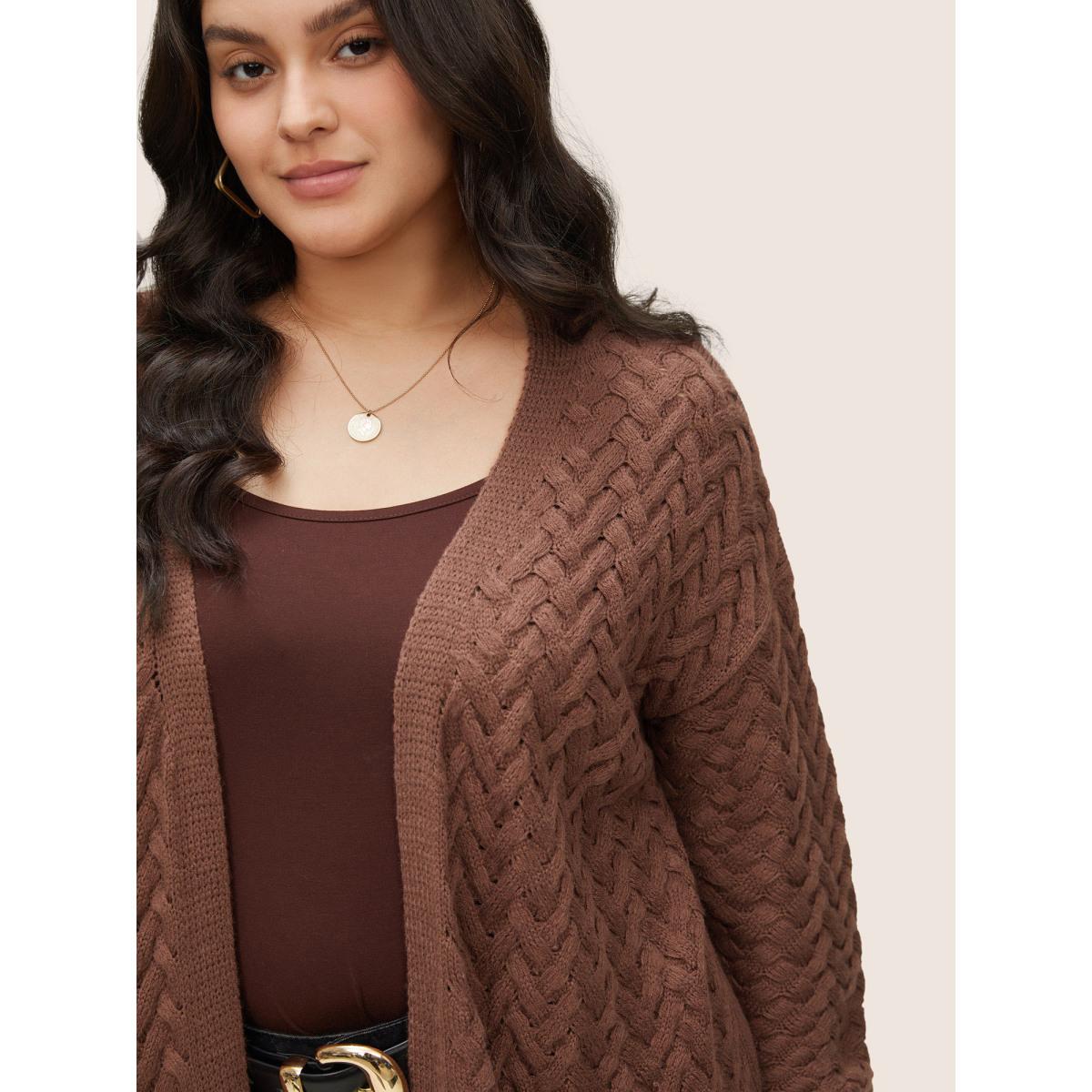 Plus Size Solid Open Front Pocket Crochet Cardigan Burgundy Women Casual Loose Long Sleeve Dailywear Cardigans BloomChic 26/4X Product Image