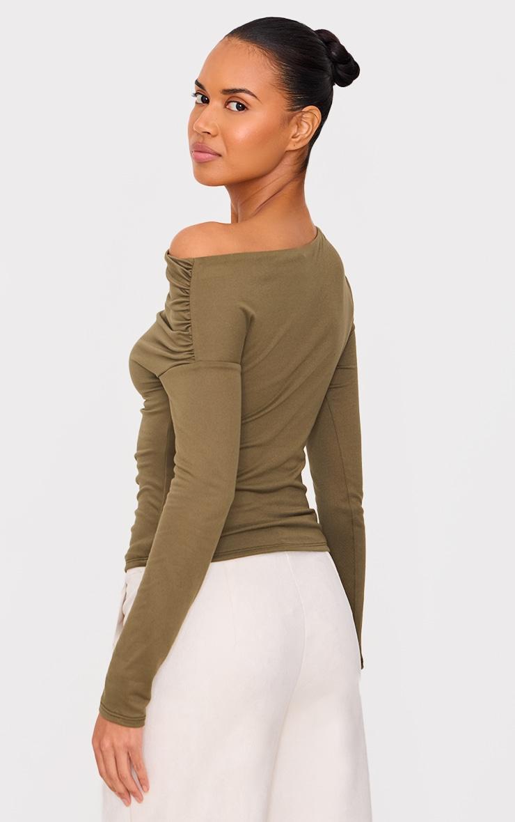 Khaki Contour Jersey Asymmetric Ruched Side Long Sleeve Top Product Image