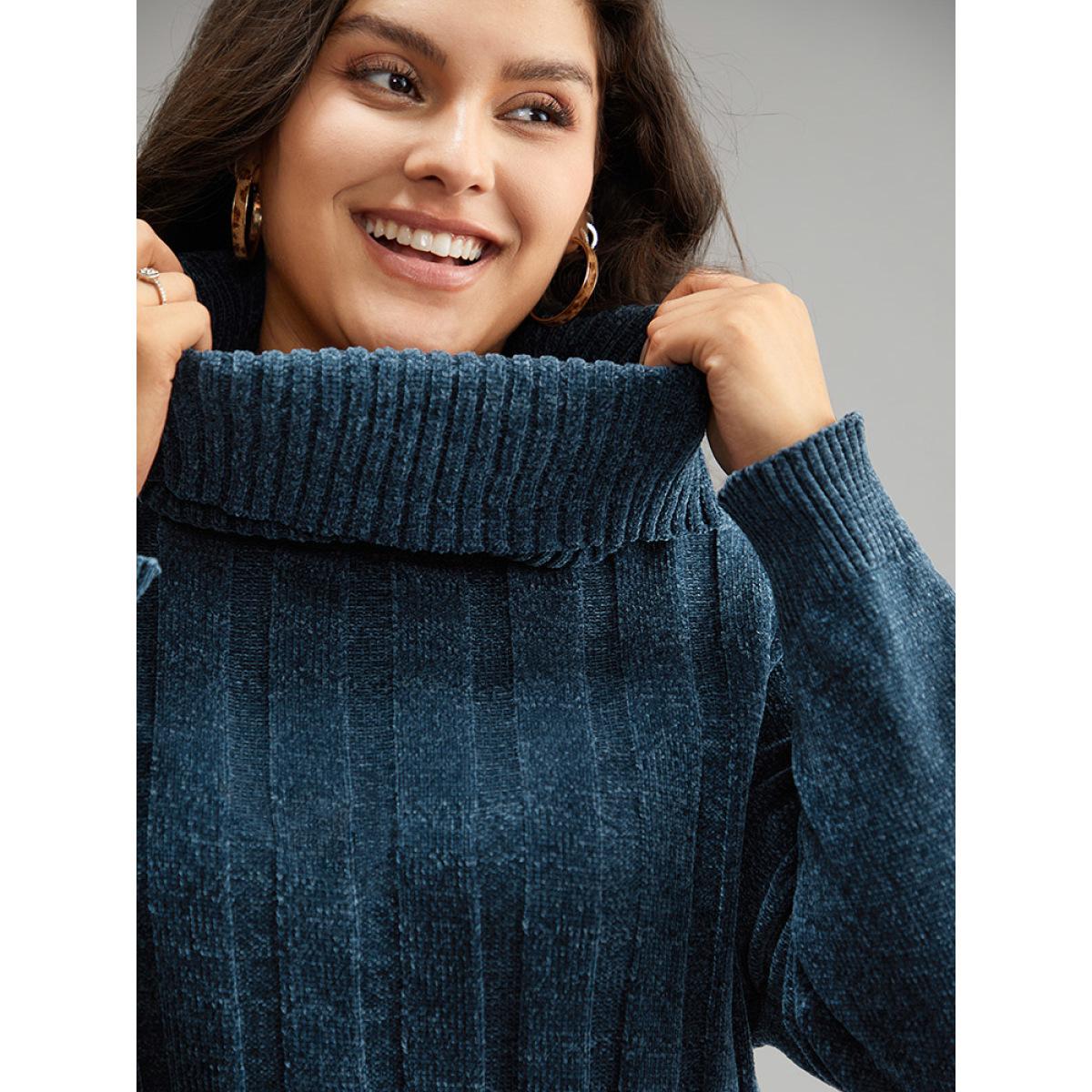 Plus Size Turtle Neck Plain Rib Knit Pullover Cyan Women Casual Long Sleeve Lapel Collar Dailywear Pullovers BloomChic 30/6X Product Image