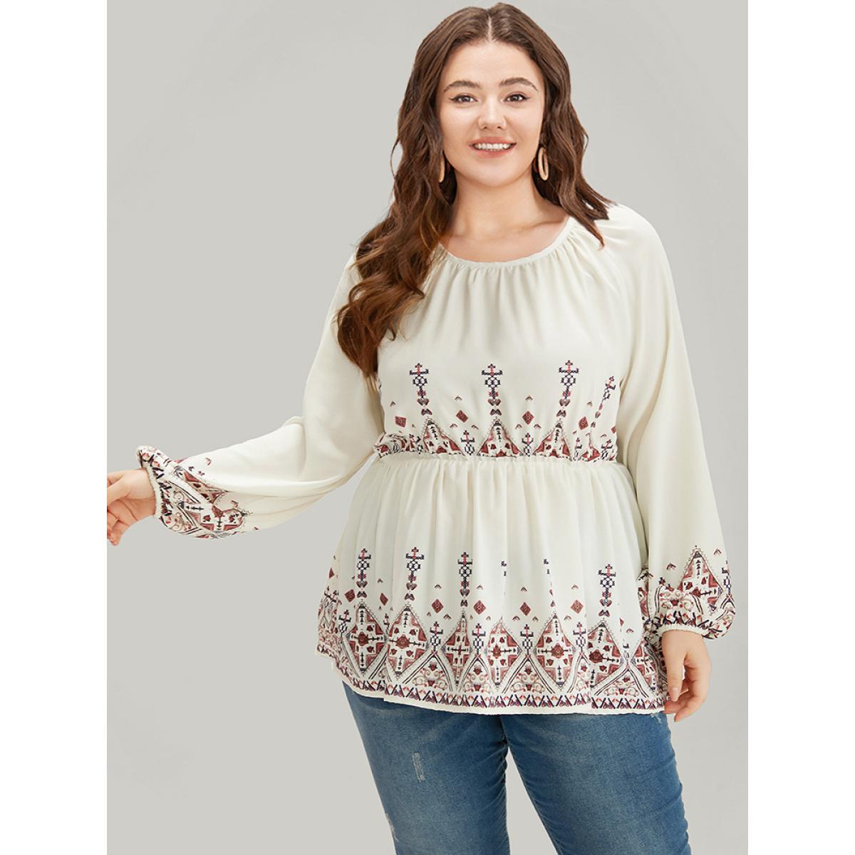 Plus Size Ivory Boho Print Crew Neck Gathered Elastic Waist Blouse Women Vacation Long Sleeve Round Neck Dailywear Blouses BloomChic 28/5X Product Image